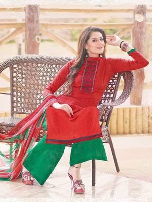 Red and green designer cotton jacquard semistitched palazzo suit with dupatta 1