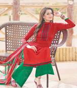 Red and green designer cotton jacquard semistitched palazzo suit with dupatta