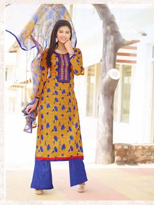 Yellow and blue designer cotton jacquard semistitched palazzo suit with dupatta 1