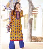 Yellow and blue designer cotton jacquard semistitched palazzo suit with dupatta