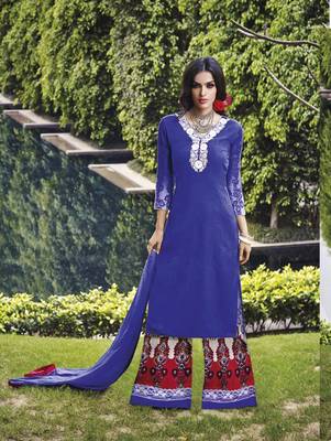 Royal blue designer cotton satin unstitched palazzo suit with dupatta 1