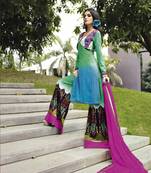 Blue and purple designer cotton satin unstitched palazzo suit with dupatta