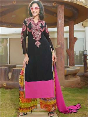 Black and pink designer semi stitched georgette palazzo suit with dupatta 1