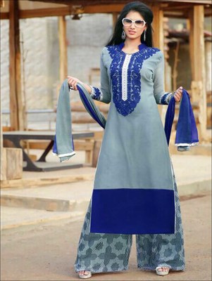 Grey and blue designer semi stitched georgette palazzo suit with dupatta