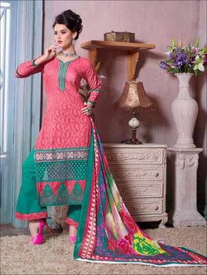 Pink and green designer cotton jacquard unstitched palazzo suit with dupatta 1
