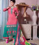 Pink and green designer cotton jacquard unstitched palazzo suit with dupatta