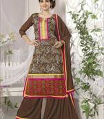 Dark saddle brown designer chanderi unstitched palazzo suit with dupatta