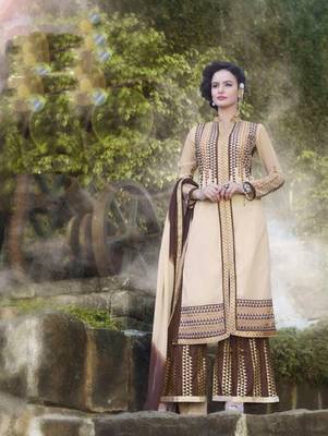 Beige and brown designer semi stitched georgette palazzo suit with dupatta 1