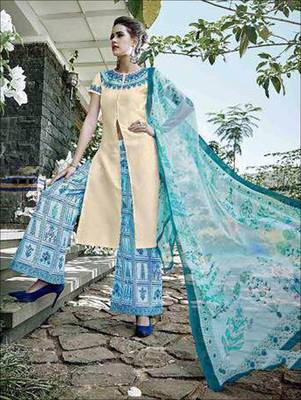 Ivory designer glace cotton unstitched palazzo suit with dupatta 1