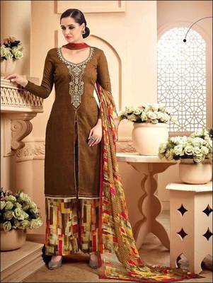 Brown designer jaam silk cotton unstitched palazzo suit with dupatta 1