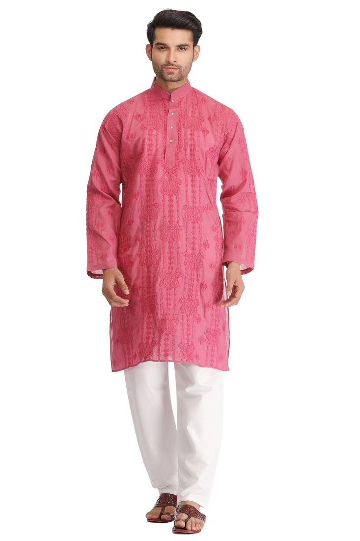 Ada Hand Embroidered Onion Pink Cotton Lucknow Chikankari Men's Kurta