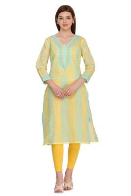 Yellow Embroidered Cotton Chikankari Kurti  1