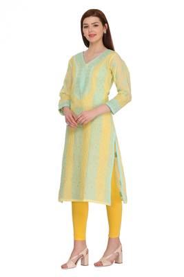 Yellow Embroidered Cotton Chikankari Kurti  3