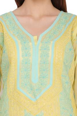 Yellow Embroidered Cotton Chikankari Kurti  4