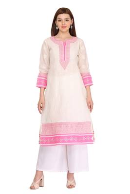 Cream Embroidered Cotton Chikankari Kurti 1