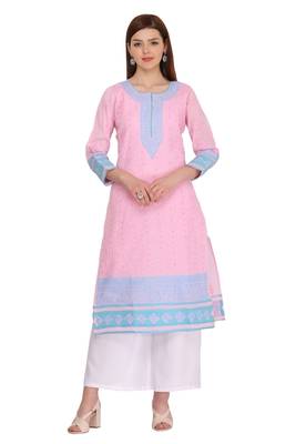 Ada Hand Embroidered Pink Cotton Lucknow Chikan Kurta 1