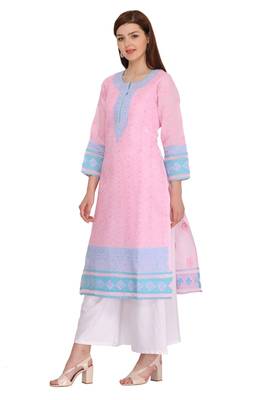 Ada Hand Embroidered Pink Cotton Lucknow Chikan Kurta 3