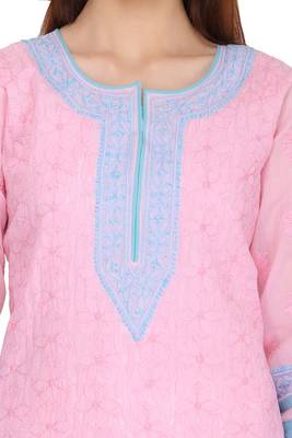 Ada Hand Embroidered Pink Cotton Lucknow Chikan Kurta 4