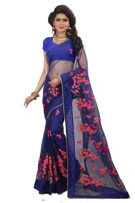 Blue embroidered net saree with blouse 1