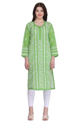 Green Embroidered Cotton Chikankari Kurti  1