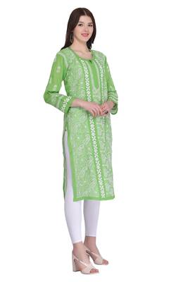 Green Embroidered Cotton Chikankari Kurti  3