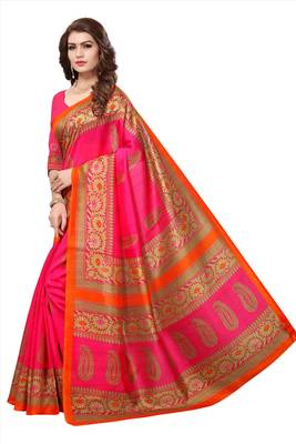 Pink printed bhagalpuri silk saree with blouse 1