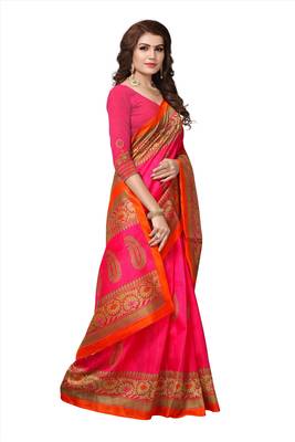 Pink printed bhagalpuri silk saree with blouse 2