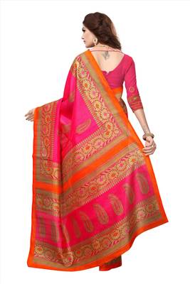 Pink printed bhagalpuri silk saree with blouse 3