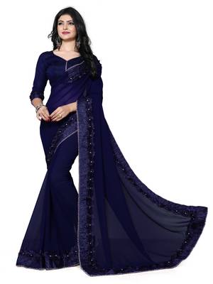 Blue embroidered georgette saree with blouse 1