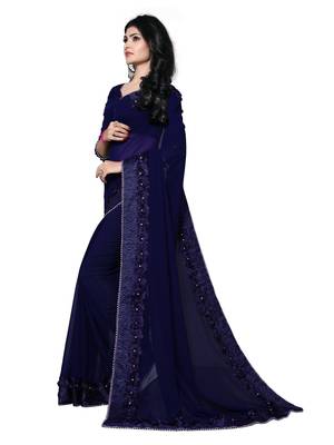 Blue embroidered georgette saree with blouse 2