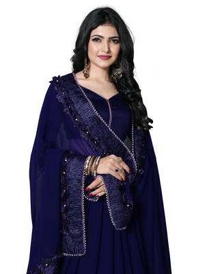 Blue embroidered georgette saree with blouse 4