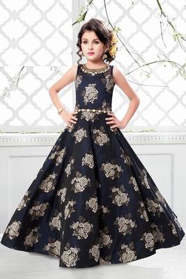 Navy Blue Jequard Weave Floral Silk Partywear Gown Dress  Girls For Kids Wear 1