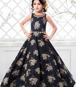 Navy Blue Jequard Weave Floral Silk Partywear Gown Dress  Girls For Kids Wear