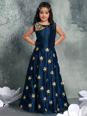 Navy Blue  Heavy Embroidery Banglori Silk Partywear Gown Dress  Girls For Kids Wear 1