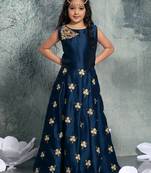 Navy Blue  Heavy Embroidery Banglori Silk Partywear Gown Dress  Girls For Kids Wear
