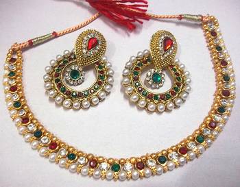 Maroon & Green Pearl Polki Necklace Set 1