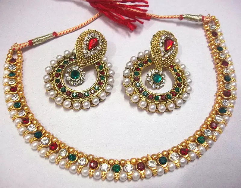 Maroon & Green Pearl Polki Necklace Set