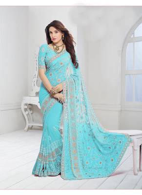 Sky blue embroidered chiffon saree with blouse 1