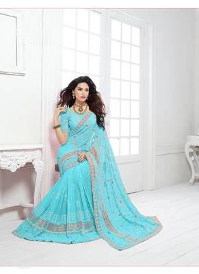 Sky blue embroidered chiffon saree with blouse 2