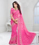 Pink embroidered chiffon saree with blouse