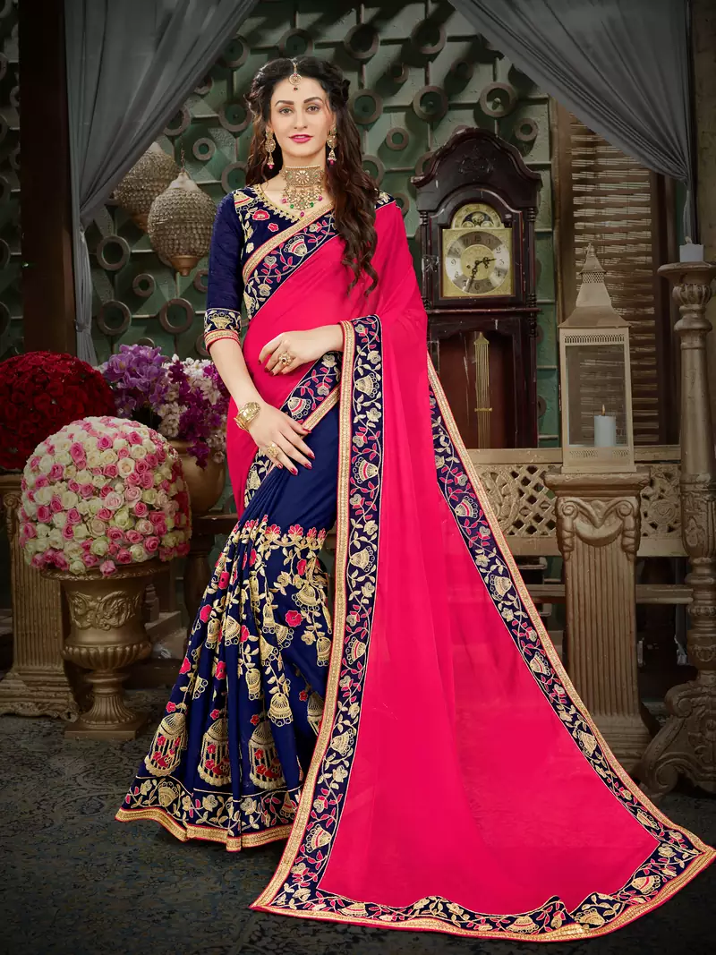 Manohari Pink Embroidered Georgette Saree with Blouse 