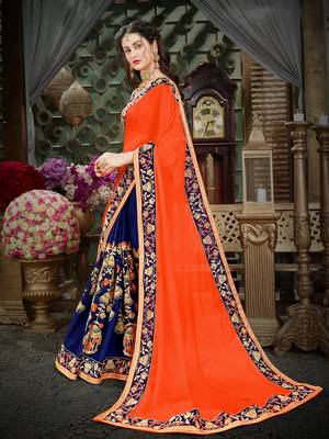 Manohari Orange Embroidered Georgette Saree with Blouse  2