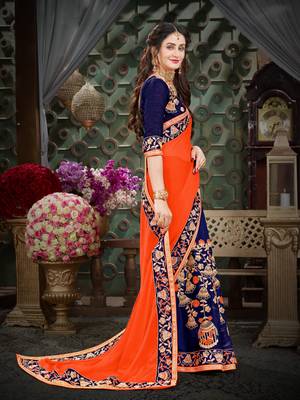 Manohari Orange Embroidered Georgette Saree with Blouse  4