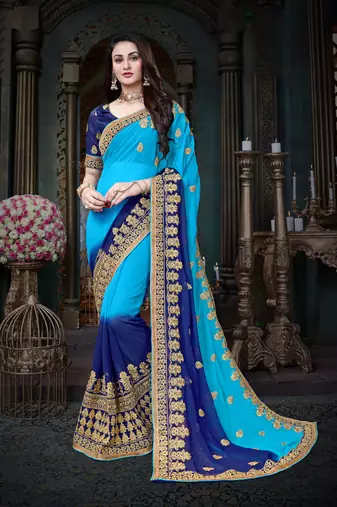 Manohari Blue Embroidered Georgette Saree with Blouse 