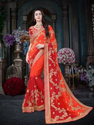 Manohari Orange Embroidered Georgette Saree with Blouse  1