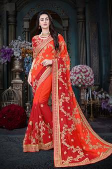Manohari Orange Embroidered Georgette Saree with Blouse 