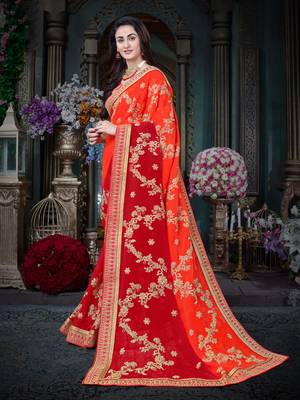 Manohari Orange Embroidered Georgette Saree with Blouse  2