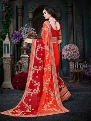 Manohari Orange Embroidered Georgette Saree with Blouse  3