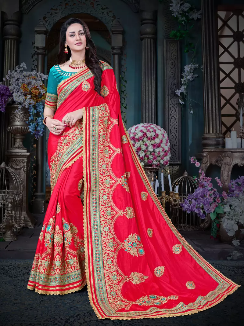 Manohari Red Embroidered Art Silk Saree with Blouse 