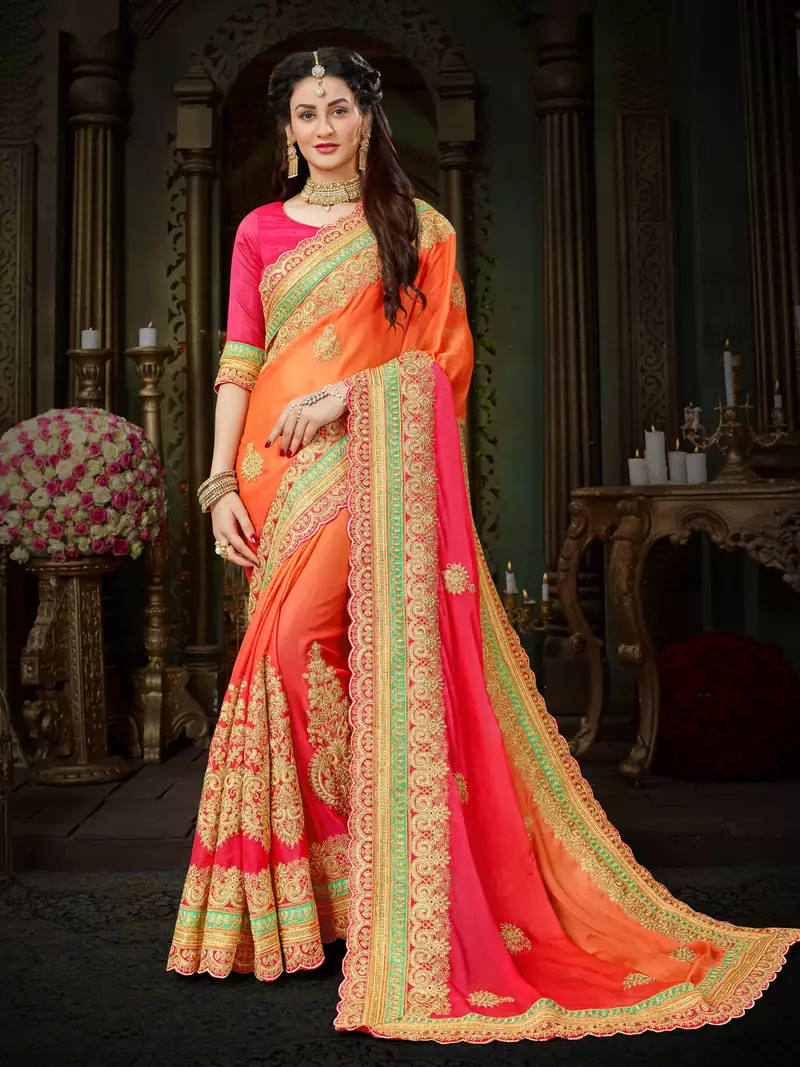 Manohari Orange Chiffon Saree with Blouse 